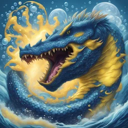 Sea Serpent in a rage blue and yellow scales shimmering with power as its enormous jaws spit out blasts of bubblebeam power, in card art style