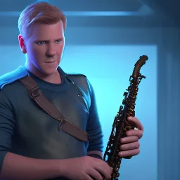 portrait of kiefer sutherland playing saxophone, blade runner, low key lighting, volumetric light, digital art, highly detailed, fine detail, intricate, complex, octane render, unreal engine, photorealistic