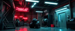 Scene 1: Introduction to DeepLift Systems Location: The DeepLift Systems garage, deep underground, with stairs and elevators. The atmosphere is modern, neon signs lighting up the space, with clean lines and sleek, industrial design. The place feels more like a high-end, commercial garage or workshop—very polished, but with a faint sense of mystery lurking beneath the surface. Action: The Mechanic (Name TBD): We start with the mechanic working diligently in his garage, maintaining advanced robots