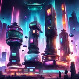 dark matrix capsule towers, colored gradients elements, billboard screens, online casino games, deep night, air shot, city landscape