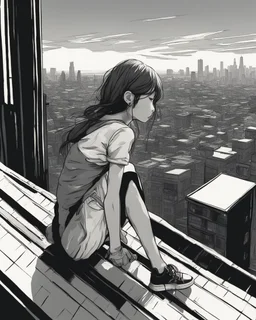 “ girl sitting on a roof looking down at a city below, extremely detailed