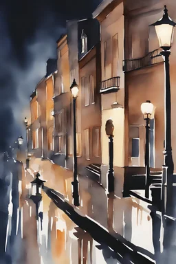 watercolor city, street, night, street lights,