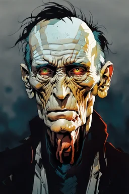 create a full body portrait illustration of a raggedly dressed emaciated derelict , with highly detailed and deeply cut facial features, in the comic art style of FRANK MILLER and BILL SIENKIEWICZ, searing lines and forceful strokes, precisely drawn, boldly inked, with gritty textures, vibrant colors, dramatic otherworldly lighting