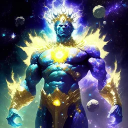 A divine being made from the combination of water and sun with cosmic powers and Dracula God-like man with infinite power who owns the galaxies and wears a beautiful crown A battle suit made of galaxies and stars with a glove that has seven endless stones with a mighty army behind him with hulk body