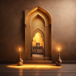 Hyper Realistic Bright-Glowing-Golden-Islamic-architecture on rustic-brown-rustic wall with embers