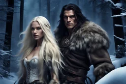 Giant muscular male mountain man with long dark hair with a petit female long blonde hair, dark fantasy, snowy forest