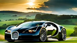 A sleek ((( bugatti bmw fusion))) with a majesticly curved rear, cutting through a (sunny, open countryside) backdrop