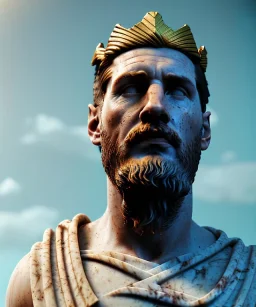 Ultra Realistic image, roman sculpture, marble deluxe material, Lionel Messi, gold Laurel crown, miguel angel style, chisel style, emperador, waist up portrait, cinematic lighting, God light, god rays, 4k resolution, smooth details, ornate details, soft lighting, unreal engine 5, sky background.