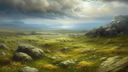 MESETA ROCOSA ELEVADA CON HUMEDAL, PIEDRAS PULIDAS, PRADERAS, CIELO NUBLADO, LLUVIA LIGERA, COMPOSICION PERSPECTIVA PROFUNDA, ILUMINACION TONOS FRIOS, ESTILO PINTURA AL OLEO REALISTA, DETALLES: DETALLES FINOS EN FLORA Y FAUNA, SUAVIDAD O RUGOSIDAD NATURAL DE ELEMENTOS,
