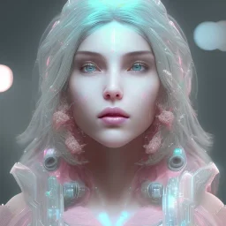 A portrait of a crystalised queen, atmospheric, realistic, unreal engine, cinematic lighting, octane render, transparent, pink turquoise light, long blond hair, pink lips, extremely sharp detail, finely tuned detail, ultra high definition, 8 k, unreal engine 5, ultra sharp focus, accurate sword wings, positive smile, highlight luminous suit blue and pink