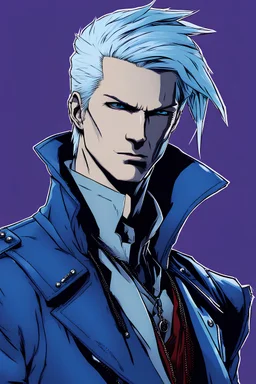 an illustration of vergil from devil may cry, with blue colored hair, with two pointy ears, wearing a blue trench coat