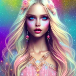 beautiful, soft, big smile face, whole head, long straight blonde hair blues eyes, crown on the head, clothing in transparent bluish and pink veil, background brillante bluish and pink, hight definition, 8K