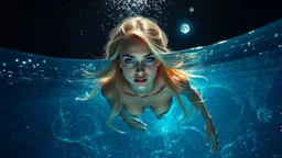 Airbrush, A slender, ethereal woman with cascading blonde hair and piercing sapphire-blue eyes dives into the velvety blackness of the ocean, surrounded by an otherworldly aura of bioluminescence that shimmers like a thousand tiny lanterns. Airbrush, The water around her sparkles with a mesmerizing glow, as if filled with stardust, with delicate, swirling patterns that evoke the shimmering beauty of the night sky. Stars and the moon hang low in the background, casting a silvery glow across the s