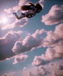 Ultra realistic clouds sky scene, medium shot view, portrait, sweet Childs, free jumping flying, trinkets, monster hair, jelly beans, balls, smile, happy, Peter Pan style, inflatable color clothing, extreme, wind, clouds sea, 20,000 feet altitude, stratosphere, soft color, highly detailed, unreal engine 5, ray tracing, RTX, lumen lighting, ultra detail, volumetric lighting, 3d, finely drawn, high definition, high resolution.