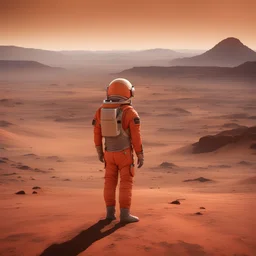 A high-quality photo, a magazine photo, depicts a man standing among the Martian landscape in an orange thin space suit with stripes, he looks into the distance at a beautiful Martian, slightly hilly landscape.