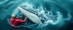 close up on scared people, collisions, aggression, ship hitting animals, animals interacting with vehicles, whales near boats, overlapping subjects, chaotic composition, distortion, surreal behavior, violence, confusion, merged objects, happiest whale ever