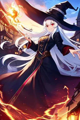 girl, masterpiece, best quality, cinematic lighting, detailed outfit, vibrant colors, perfect eyes, long hair, white hair, red eyes, witch outfit, smile, angry, magic, landscape, town,