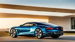 A sleek (((a fusion of bentley and hypercar))), its glossy shell reflecting the (((bright sun))), cutting through a (((clear bright blue morning sky)))