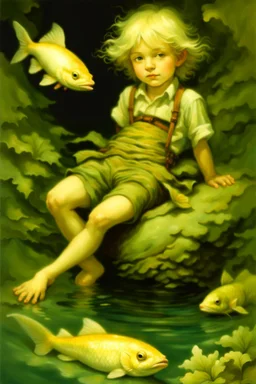 Masterpiece, ((Ottfried Preußler, the little water sprite)) the young little water sprite (boy) is sitting on the back of a big huge carp (fish) and glides with him under the water complete figure, flawless, full body shot, by Baptiste Monge, by Daniel Merriam, by Brian Froud, by Beatrix Potter, by Nicoletta Ceccoli, by Kinuko Y. Craft, by David Laurence, by Arcimboldo