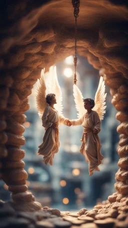 Harut and Marut are a pair of angels hanging upside down inside the well. They are said to tempt humans by teaching them the arts of sorcery, bokeh like f/0.8, tilt-shift lens 8k, high detail, smooth render, down-light, unreal engine, prize winning