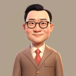 a portrait of smiling chinese man. carricature. black hair. short hair. fair skin. dark brown eye pupils. monolid eye. wearing rectangle glasses. big nose. big round face shape. formal dress. pixar style. 3D. 4k. portrait. highly detailed. sharp focus. high resolution. full color. cinema lighting