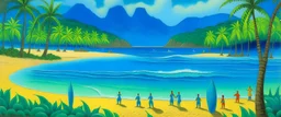 A beach with blue Hawaiian tikis painted by Georges Seurat