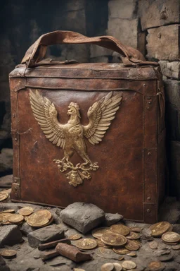 in the BASEMENT there is an old, broken brown oblong leather chest with short handles, from which gold coins from the time of Catherine the Great fall out. The ancient coat of arms of tsarist Russia, the double-headed eagle, is BARELY VISIBLE on the bag. There are a lot of broken bricks and earth around the bag. All in high quality 8K