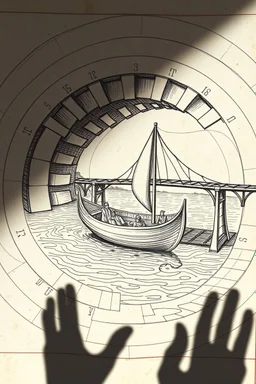 Leonardo Da Vinci's drawings of weird rowing boat in water labyrinth screw and self supporting bridge, made with shadows from hands