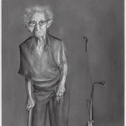 Portrait of a proud withered old witch with walking cane