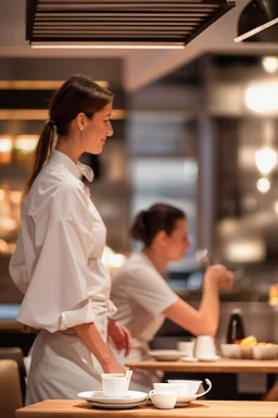 waitress and waiter serving tables in a modern restaurant in Spain, real photograph; photo taken with Fuji XT3 50mm lens camera, well-lit restaurant