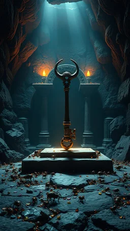 "ancient glowing key on a ruined altar, surrounded by tiny insect runes and chitin shards, underground city background, dramatic spotlight, 16:9, high detail, no humans."