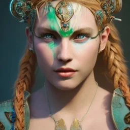 highly detailed beautiful girl viking queen portrait, red glass armor, blue delicate braided hair, green facial paint, gold necklace, cinematic lighting, 4k, 8k, octane render, digital concept art, trending on artstation, pinterest, extremely detailed, ambient lighting.