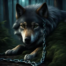 sad small scruffy wolf in chains laying down eyes closed, photorealistic, 4k, dark fantasy, forest