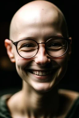 bald girl glasses teeth and acné grain