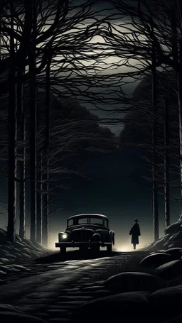 Dark Forest Drive: A couple in a car driving through a dense, dark forest with tall, shadowy trees. The headlights illuminate the eerie, twisted branches ahead, creating an ominous atmosphere.