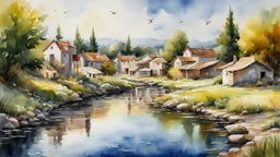 watercolor, impressionism, byzantine oil painting on alcohol depicting a village, stream, geese, 32k resolution, hyper detail, fine detail, fine rendering, airbrush strokes, 8k concept art, hyper detail, complex detail