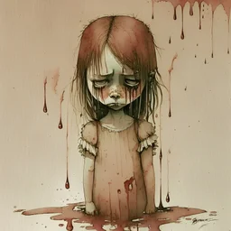 body anormal, cry blood, girl cute, watercolor illustration by <John Kenn Mortensen>, darkred tones,