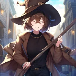 Clear focus, High resolution, short brown spiky hair, hair between eyes, eyes closed, wearing a brown detective hat, wearing a brown jacket and a black shirt, wearing black shorts, 1girl, pulling hat down, smiling