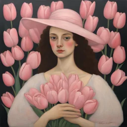 A portrait of a young woman in a hat holding a bouqet of pink tulips at her chest painted in acrylics by Klimt