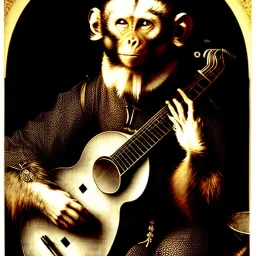 scratchart by albrecht durer of a monkey playing a banjo, strings