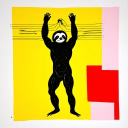 Vitruvian Sloth contrivance, by Colin McCahon and VS Gaitonde, mind-bending image, fragmented, subconscious deconstructivism, dull yellow and black and white and pastel red color scheme