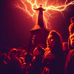 witch,woman with a priest, beautiful, spanish inquisition, night, crowd cheering, strange lens prospective, thunderstorm, high definition, cinematic, reflections