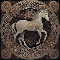 celtic horse I centered | symmetrical | key visual | intricate | highly detailed | iconic | precise lineart | vibrant and natural colors | comprehensive cinematic | alphonse mucha style illustration I very high resolution | sharp focus | poster | no watermarks I plain black background