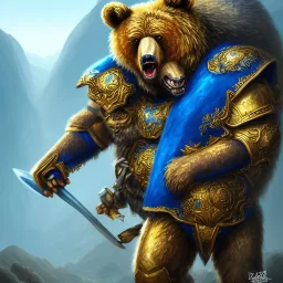 An angry bear warrior in blue and gold armor, background of Inka jungle, high detail, smooth, realistic, digital illustration, Artstation, artgerm,