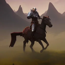 medieval knight traveling on a horse surrounded by mountains