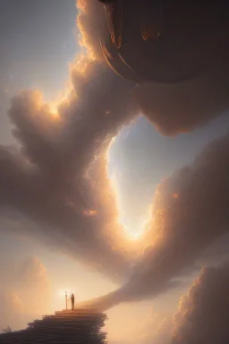 stairway to heaven made of light, sky full of clouds, art by greg rutkowski and peter mohrbacher, featured in artstation, octane render, cinematic, elegant, intricate, ultra detailed, rule of thirds, professional lighting, unreal