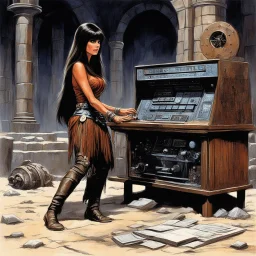 [art by Ray Harryhausen] a youthful Caroline Munro cautiously approaches the weathered and worn console, the most clever ordinateur in the universe. The once gleaming machine now bears the marks of time, covered in a layer of rust and dust that speaks of ages past. Despite its aged appearance, the user is granted access to a realm of knowledge and possibilities beyond her wildest dreams. The power and intelligence contained within this ancient ordinateur are shrouded in mystery, its mechanisms