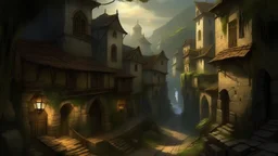 The old town extends into a deep valley, where the stone streets and ancient buildings appear as if time has stopped here. The atmosphere is mysterious and charged with secrets, as light and shadow intertwine in this ancient space. The town is located next to a dense forest, where ancient trees bathe the places in their mysterious shadows. This place seems to have been forgotten by time, and nature and ancient elements take over, as the visitor feels that he has entered a parallel world. In th