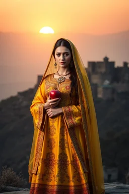 A photorealistic depiction of the Sari Gelin (Yellow Bride) from Azerbaijani folklore. She stands gracefully in a traditional golden wedding dress with intricate embroidery, holding a red pomegranate. The backdrop features the ancient fortress of Shusha at sunset. Her expression is melancholic yet beautiful, with ethereal lighting that creates a heavenly glow. Cultural symbols like traditional jewelry and historic patterns are accurately represented.
