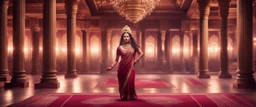 Hyper Realistic Beautiful Young smart Indian Queen Dancing in a traditionally beautiful Indian palace with traditional pillars with small fancy chandeliers & beautiful maroon carpet at night